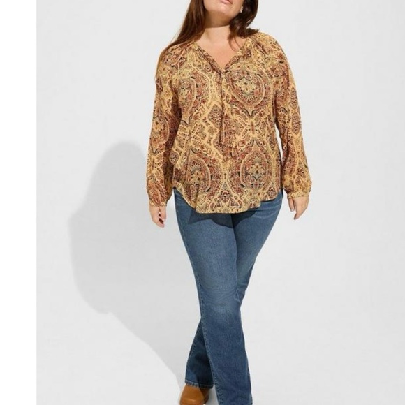Torrid Gold Medallion Crinkle Chiffon Tie Front Long Sleeve Blouse Size 1X - Picture 3 of 12